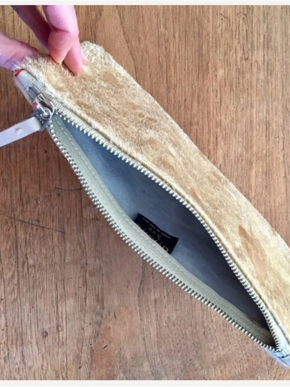 Artisan Made Metallic Gold Pony Fur Leather Clutch with Zipper